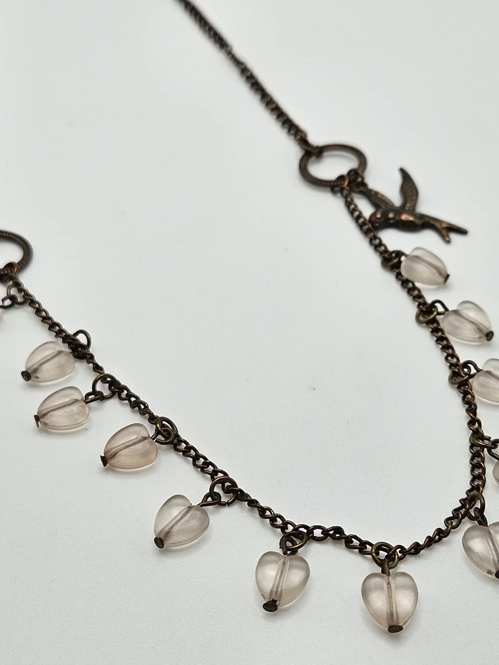 Unique Bronze Tone Bird and Pink Heart Beaded Charm Necklace